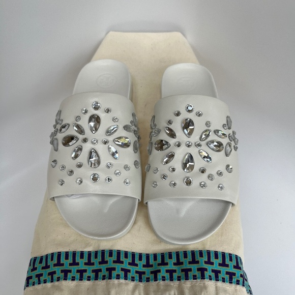 Tory Burch Brae Slide Leather Crystal Embellished Flat Sandal White Size 6.5 New